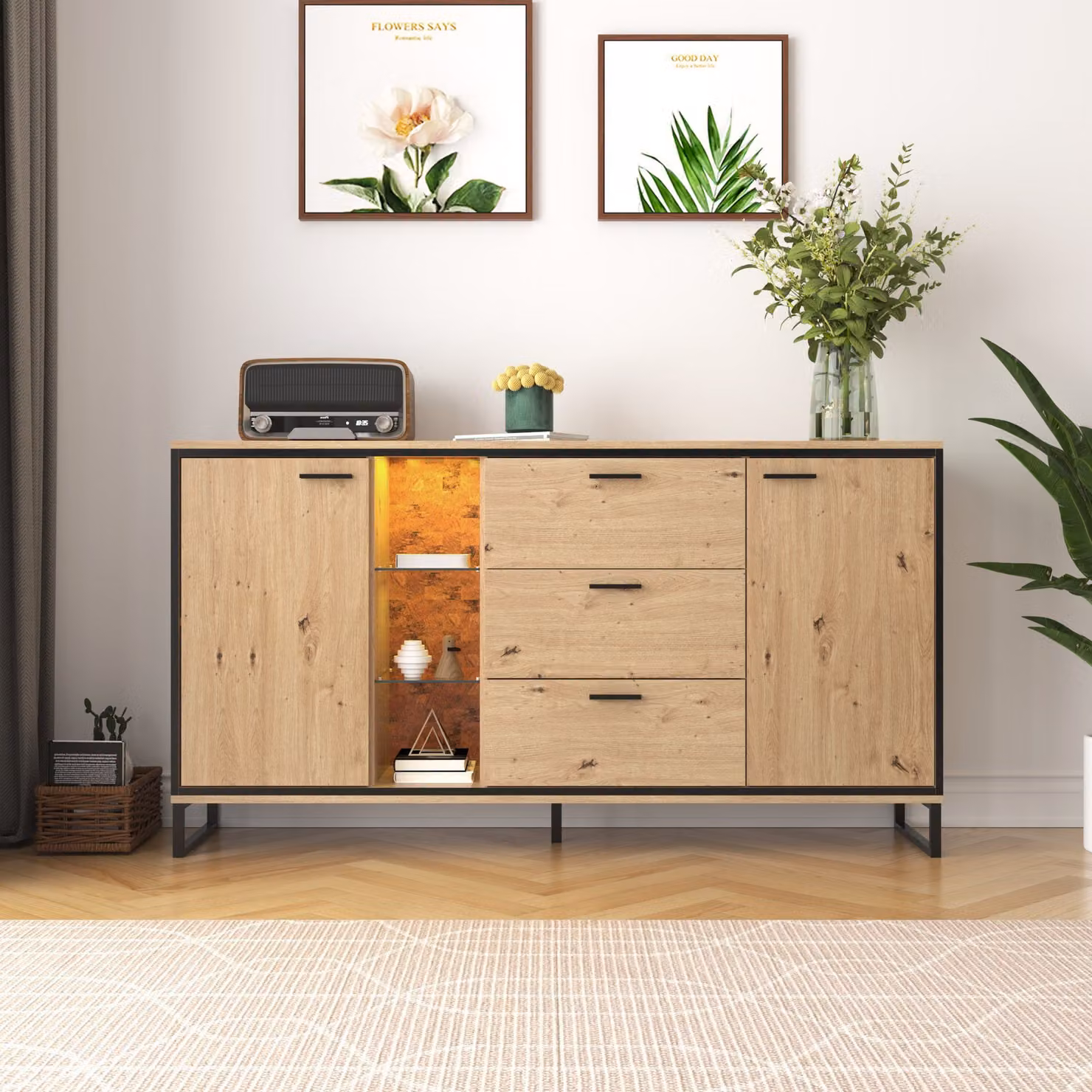 Credenza Fortuna Lai (con 2 ante e 3 cassetti), cassettiera in colore legno con illuminazione LED e ripiano, larghezza 160 cm