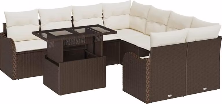 Set Divano da Giardino con cuscino 9 pcs Marrone Poly Rattan