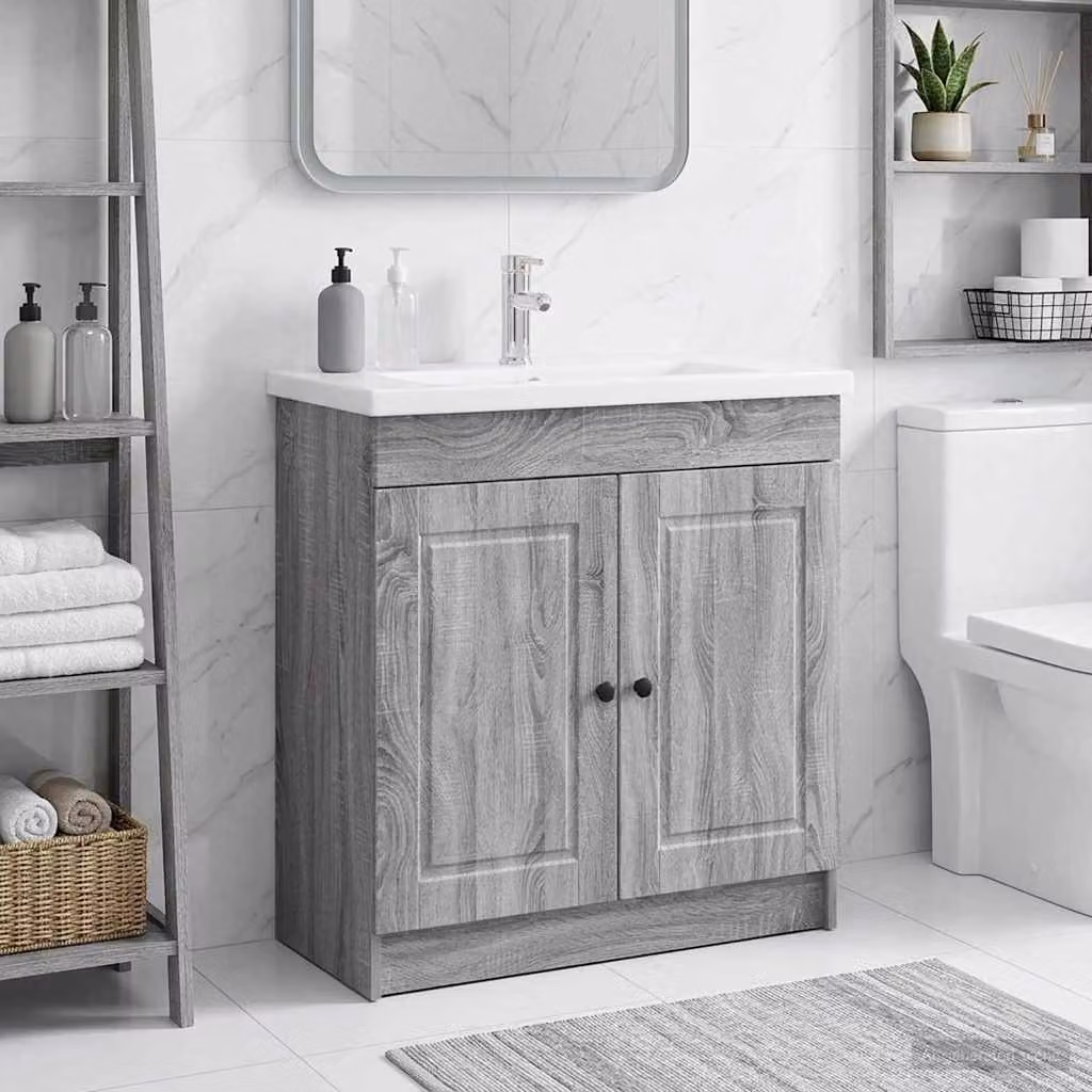 Mobiletto da bagno sotto il lavello vidaXL in stile minimalista, colore grigio e nero, con ante a cerniera e ripiani interni, L/P/H: 81,0 x 37,5 x 21,96 cm