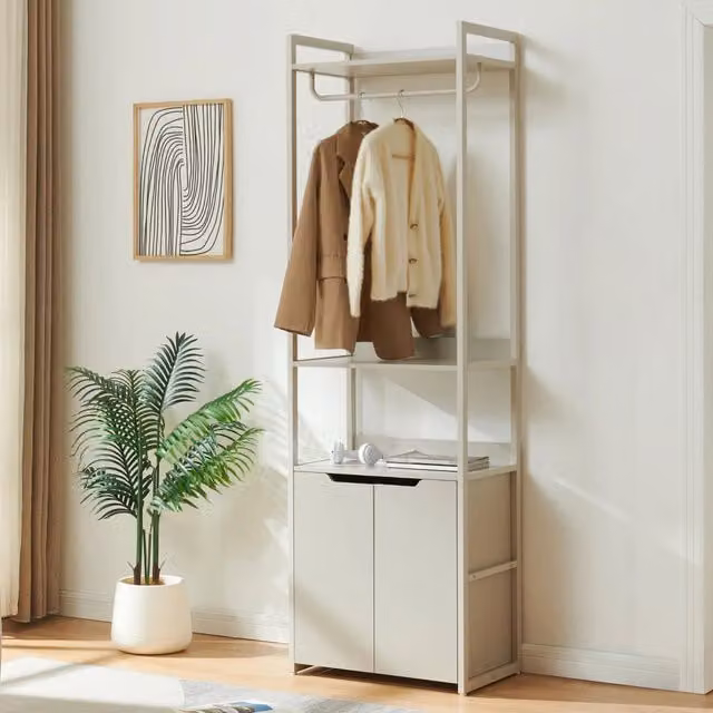 Stand Appendiabiti Jässaatka en.casa in Acciaio con Armadietto e 3 Ripiani, Grigio, H: 200 cm, L: 61 cm, P: 40 cm