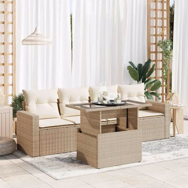 Set Divano da Giardino vidaXL 5 Pezzi in Polyrattan con Cuscini Beige e Tavolino per Terrazza e Giardino