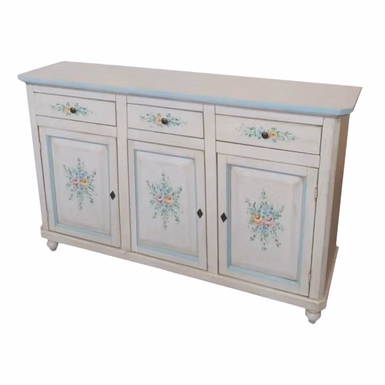 Madia credenza con 3 porte in legno bianco invecchiato e decori floreali azzurri Mobili 2G L: 150 cm, P: 43 cm, H: 98 cm