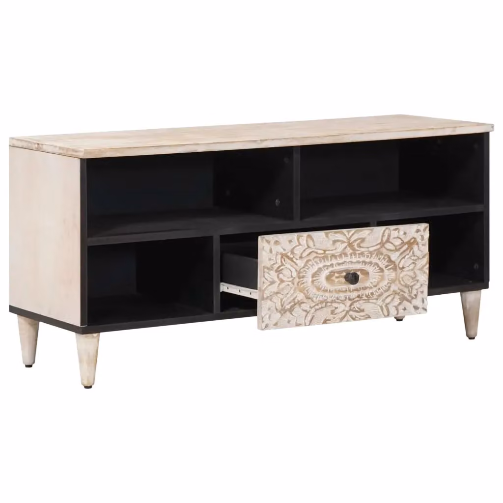 Mobile TV-Credenza moderno in legno di mango massello bianco L 100 x P 33,5 x H 46 cm 868710 – 2