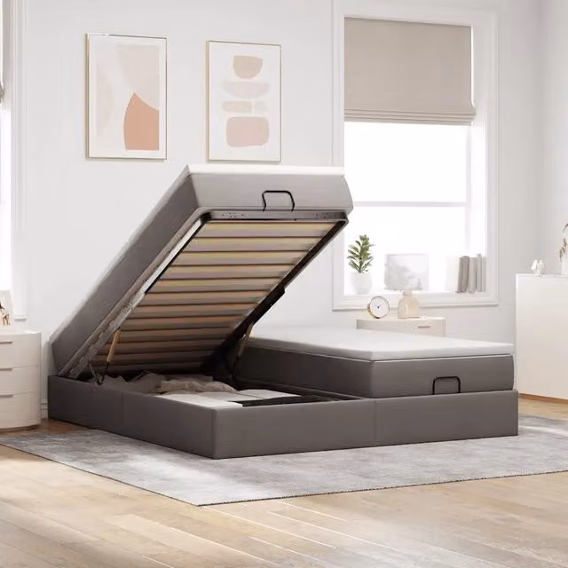 Letto con contenitore a sollevamento vidaXL in tessuto beige, grigio e bianco L 200 cm x P 200 cm x H 203 cm