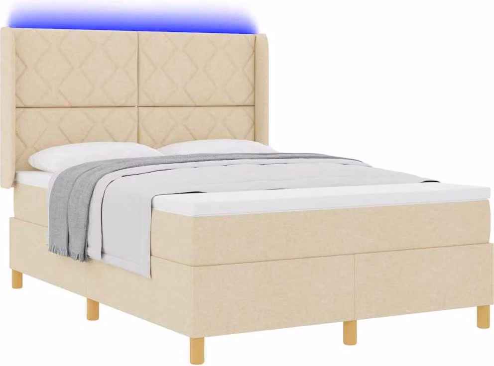 Letto boxspring con strisce luminose a LED, color crema, 140 x 190 cm, rivestimento in tessuto