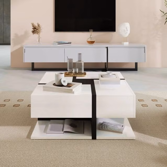 Tavolino da caffè quadrato MODFU bianco lucido con 4 cassetti e ripiano inferiore L: 78 cm, P: 78 cm, H: 36 cm