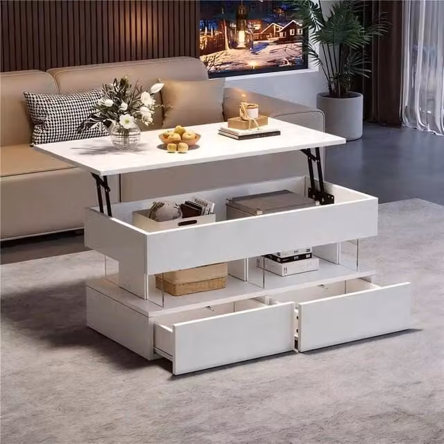 Tavolino da salotto moderno WISHDOR bianco con piano in vetro sollevabile e finitura lucida L/P/H: 100 x 50 x 46 cm