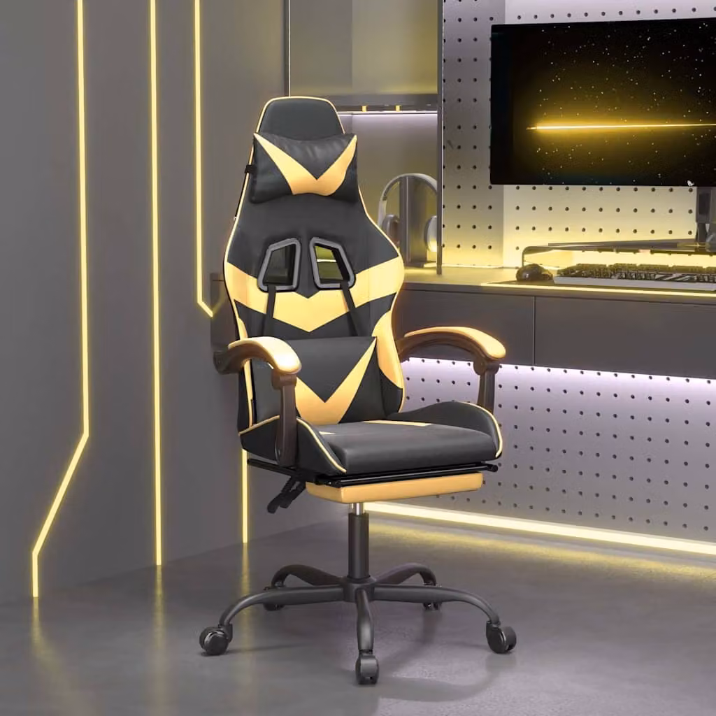 Sedia da Gaming Girevole vidaXL in Similpelle con Poggiapiedi, Colore Nero e Oro