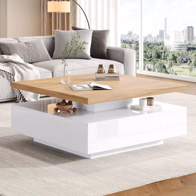 Tavolino da salotto con piano girevole a 360 gradi, cassetto e vano aperto, bianco lucido e noce, 70 × 70 × 36 cm