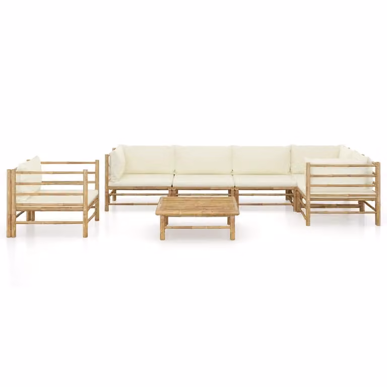 set di 7 pezzi per salotto da giardino con cuscini in bambù bianco crema