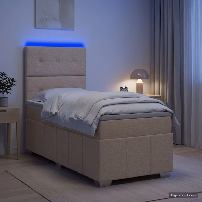 Letto Box Spring vidaXL con Materasso in Tessuto Beige e Illuminazione LED, Porte USB e Contenitore, L/P: 100 x 200 cm