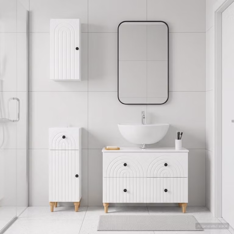 Set di armadietti da bagno vidaXL ALKMAAR in 3 pezzi, Bianco Lucido, con mobile lavabo e pensili sospesi