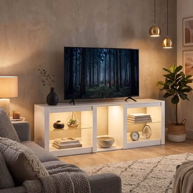 Mobile TV basso moderno WISHDOR con illuminazione LED integrata e ripiani in vetro, bianco, L: 160 cm, P: 35 cm, H: 52 cm