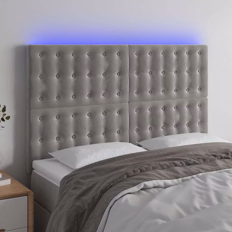 Testiera per letto vidaXL in velluto grigio con illuminazione LED e porta di ricarica USB, L 144 cm, H 118-128 cm, P 5 cm