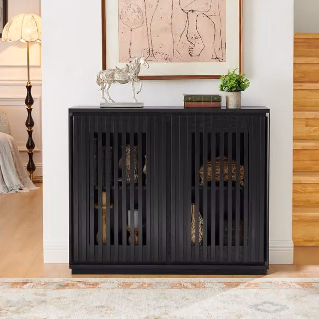 Madia contenitore con passacavi e vani interni, finitura rigata effetto legno, per soggiorno e ingresso, 99×23.5×82.6 cm
