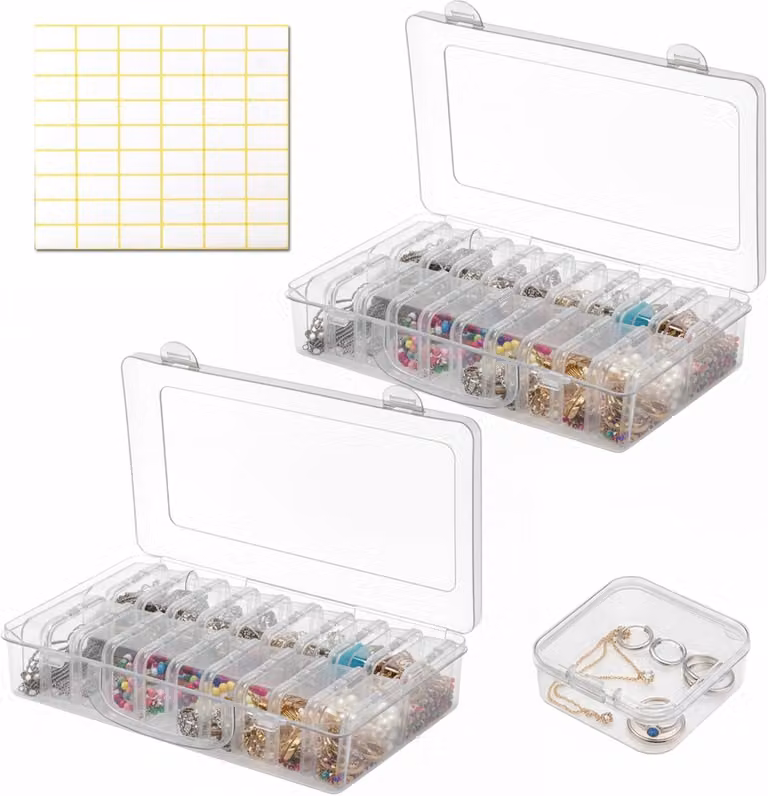 Set di contenitori, 40 piccoli (5,5x5,5x2 cm), 2 grandi, contenitori in plastica trasparente per piccoli oggetti