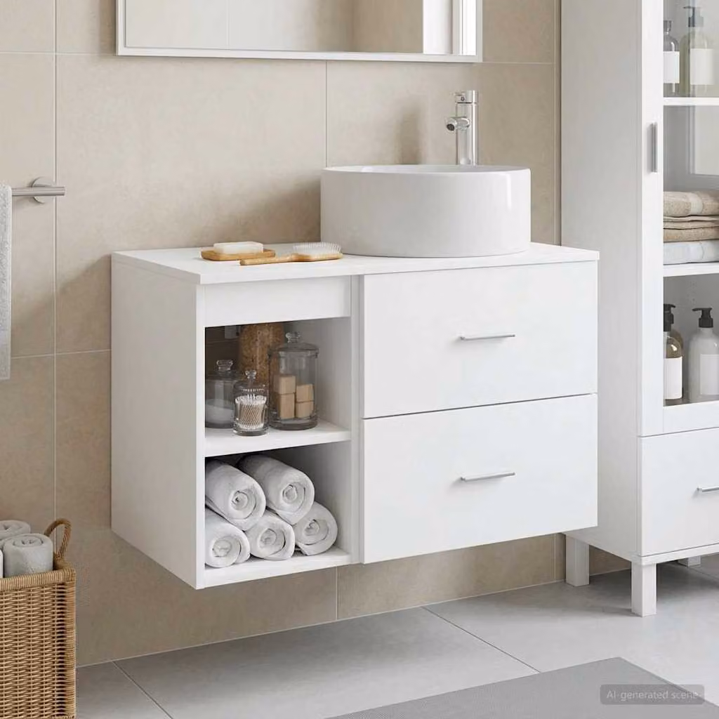 Set di mobili per il bagno moderno vidaXL composto da mobile lavabo e pensile a muro in MDF bianco opaco L/P/H: 80,0 x 44,5 x 49,5 cm e 44,5 x 34,5 x 76,7 cm