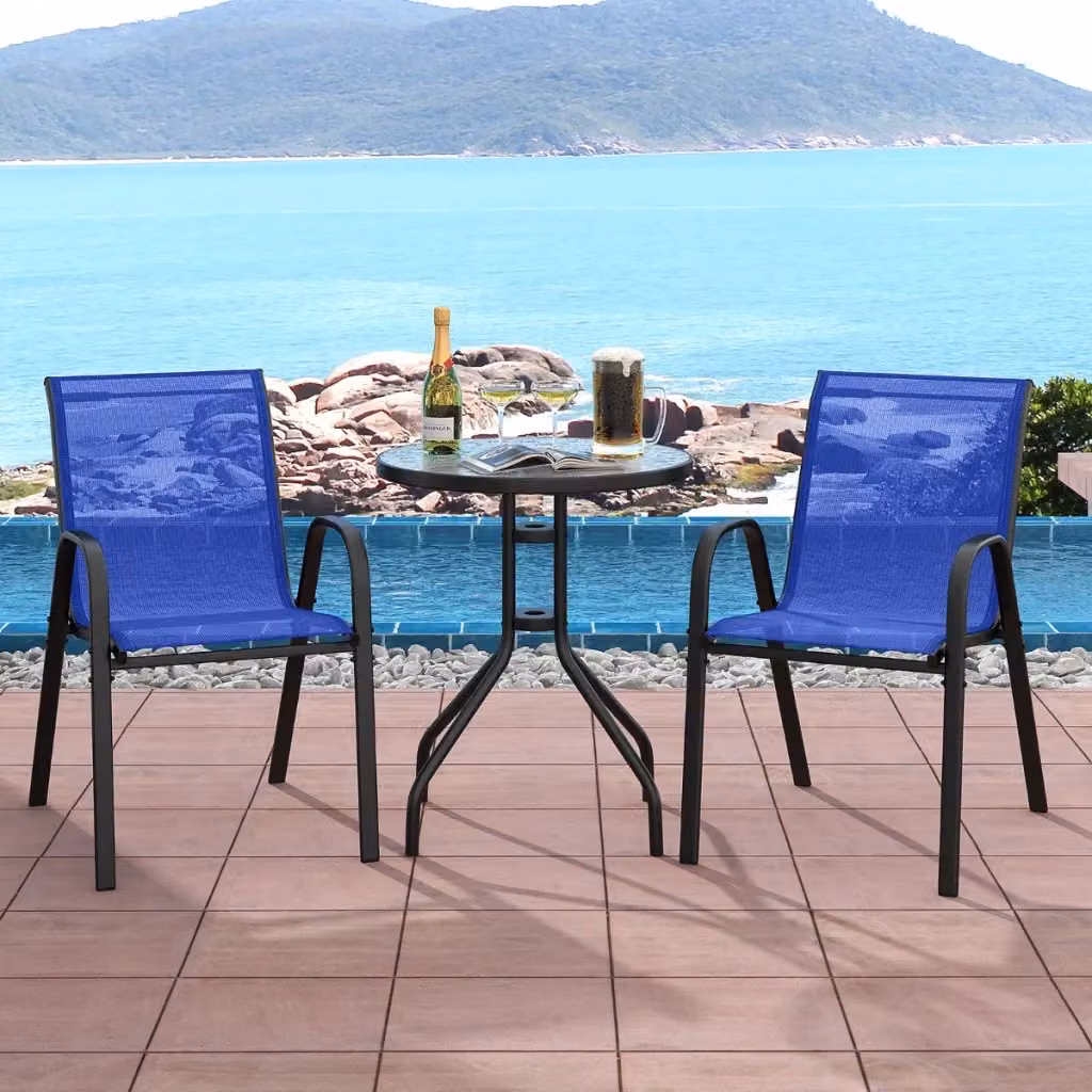 Set bistrot da esterno Design Mania composto da tavolino rotondo con piano in vetro temperato e 2 sedie impilabili in acciaio verniciato, colore blu – 2