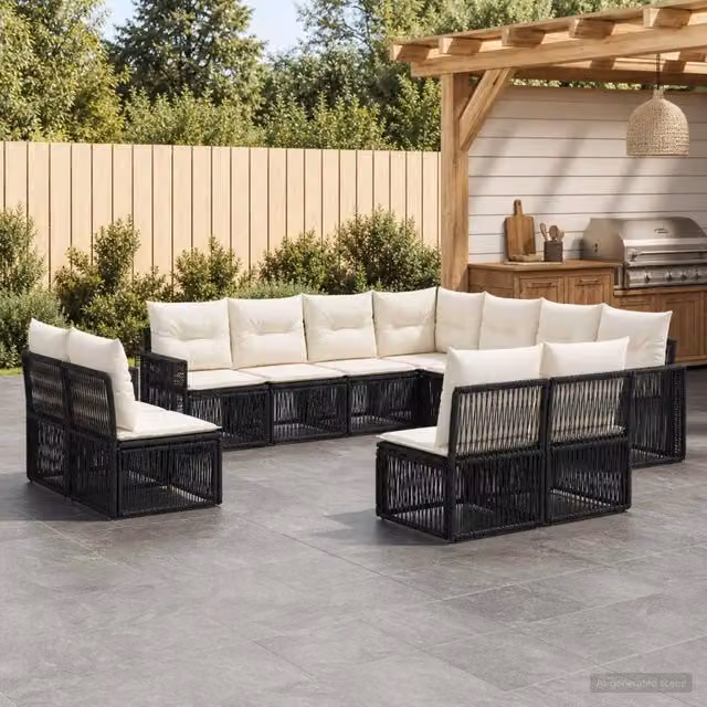 Set Divano da Giardino 11 pz Nero e Bianco Crema polyrattan 3435157