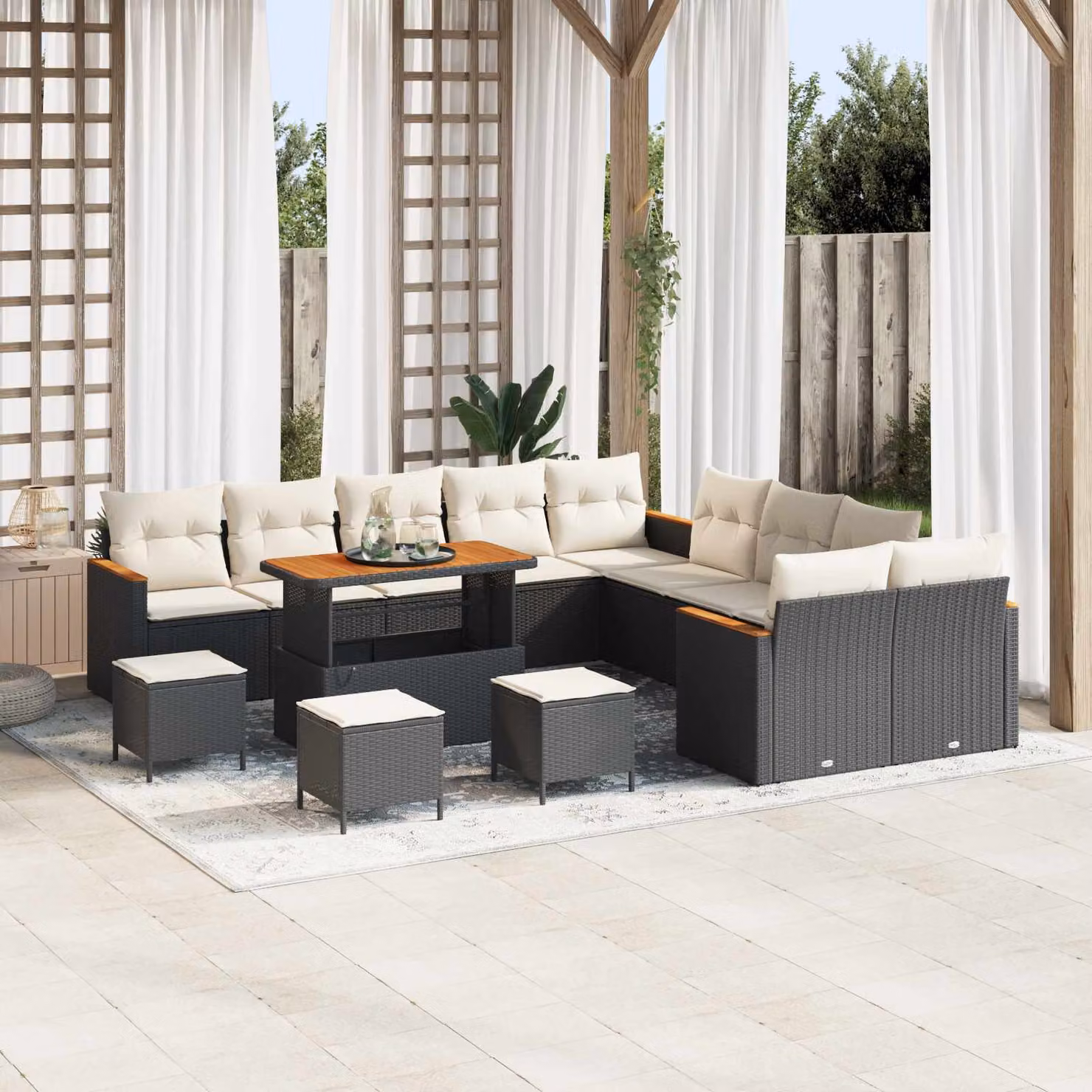 Set Divano da Giardino vidaXL 14 Pezzi a Forma di U in Polyrattan Nero con Cuscini e Tavolino – 1