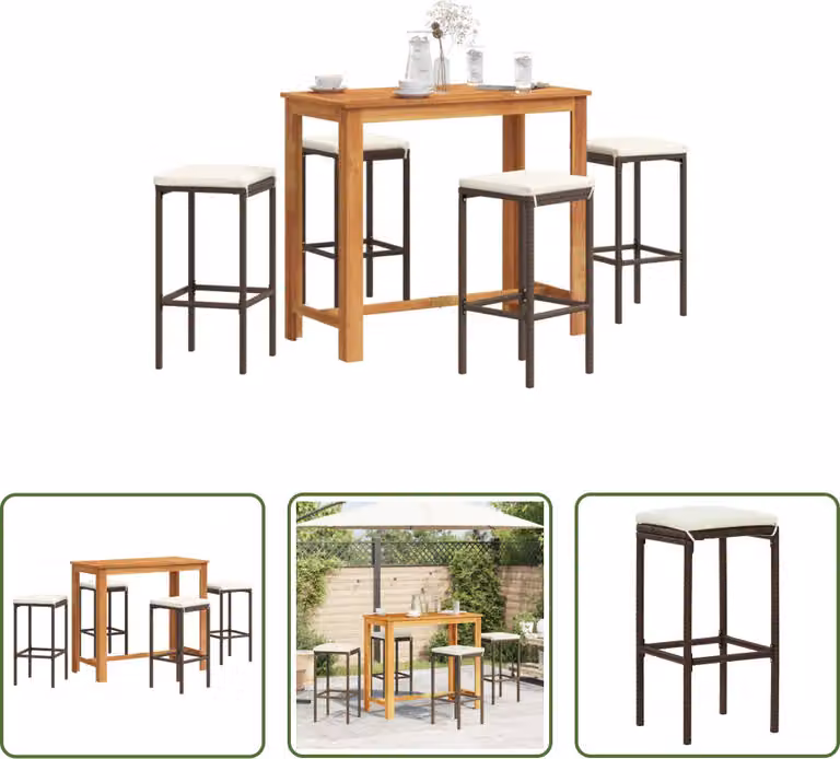 The Living Store Set bar da giardino 5 pezzi in legno massiccio di acacia marrone e poly rattan