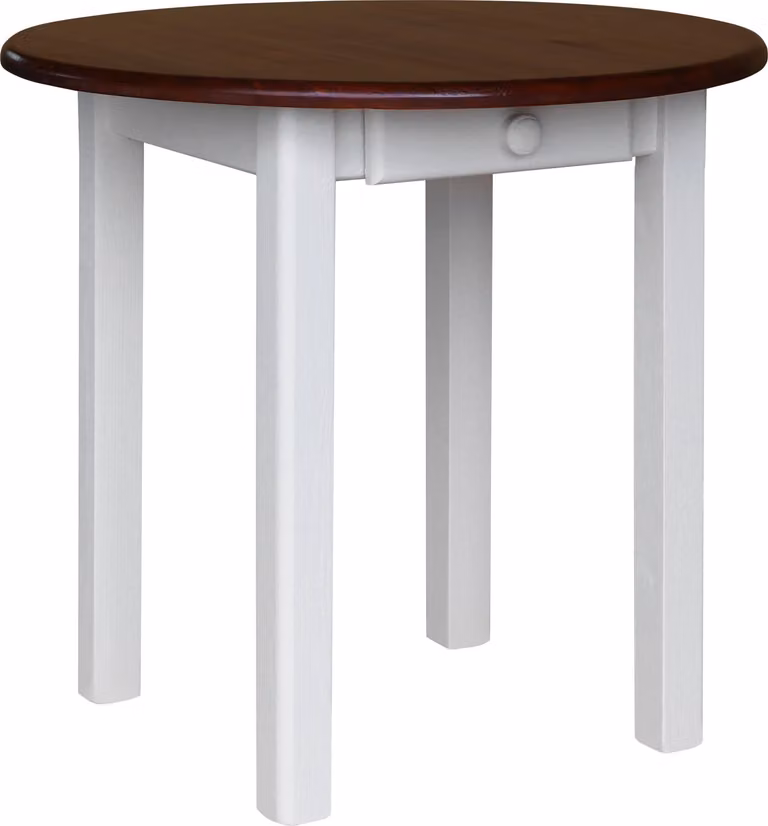 Tavolo rotondo bianco con cassetto in legno di pino massiccio con piano in colore Calvados 90 cm
