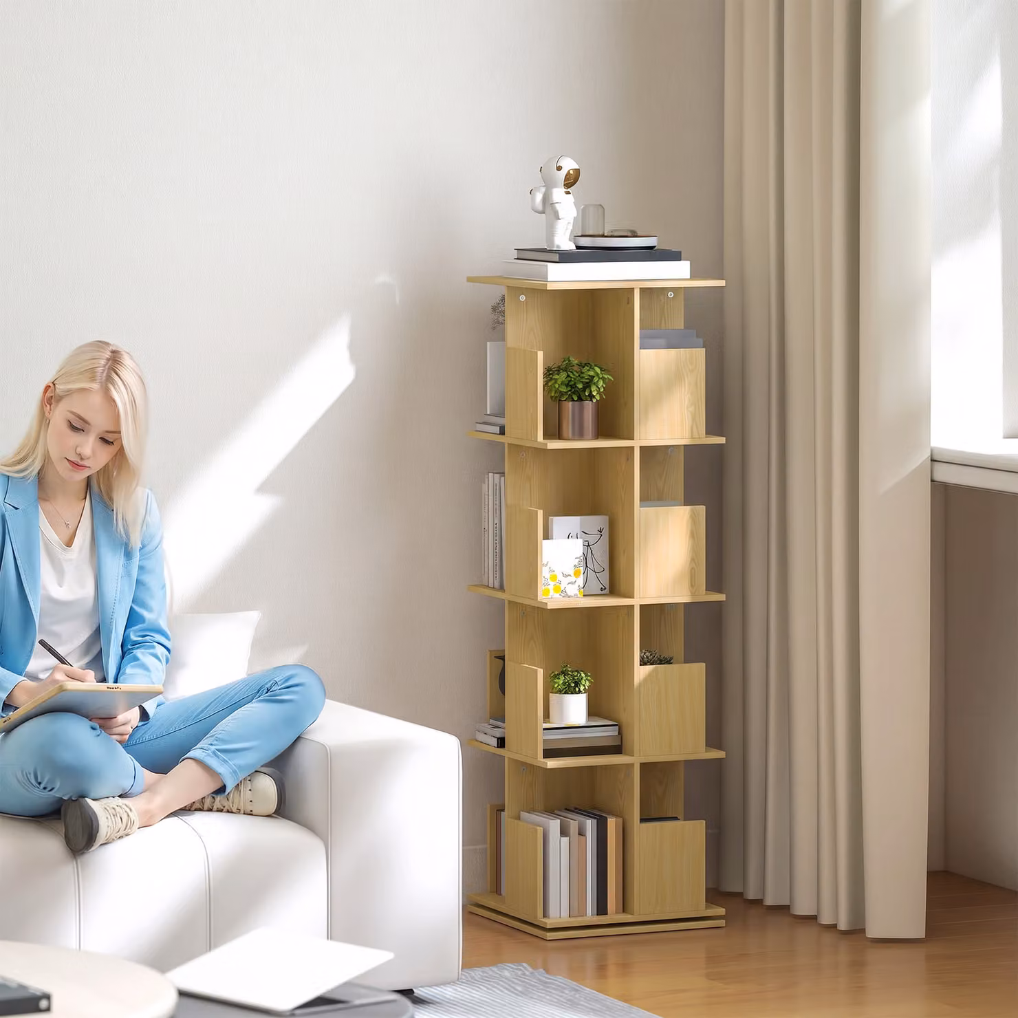 Libreria Girevole HOMCOM a 4 Livelli con 16 Scomparti, Colore Rovere, L 39 cm x P 39 cm x H 128,3 cm – 2