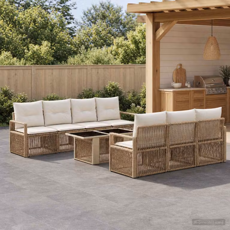 Set Divano da Giardino vidaXL 8 pz in Polyrattan con Cuscini Beige e Bianco Crema