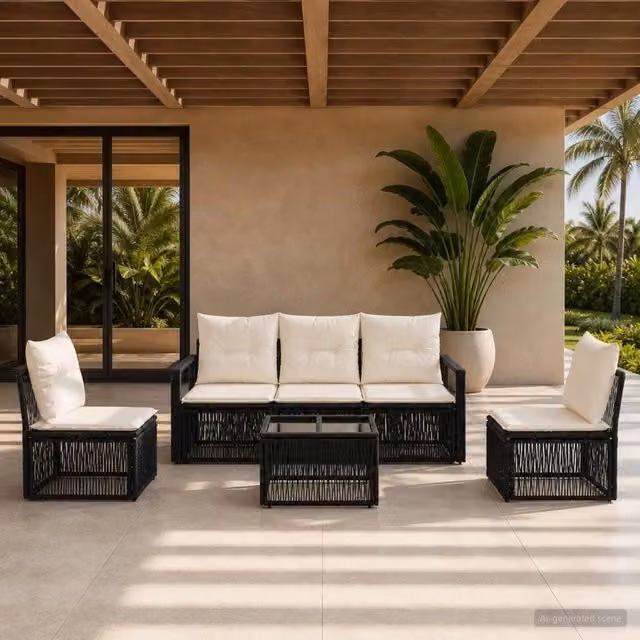 Set da giardino moderno vidaXL composto da 6 pezzi in rattan nero con divano a 3 posti, tavolino da caffè e cuscini imbottiti con coperture rimovibili