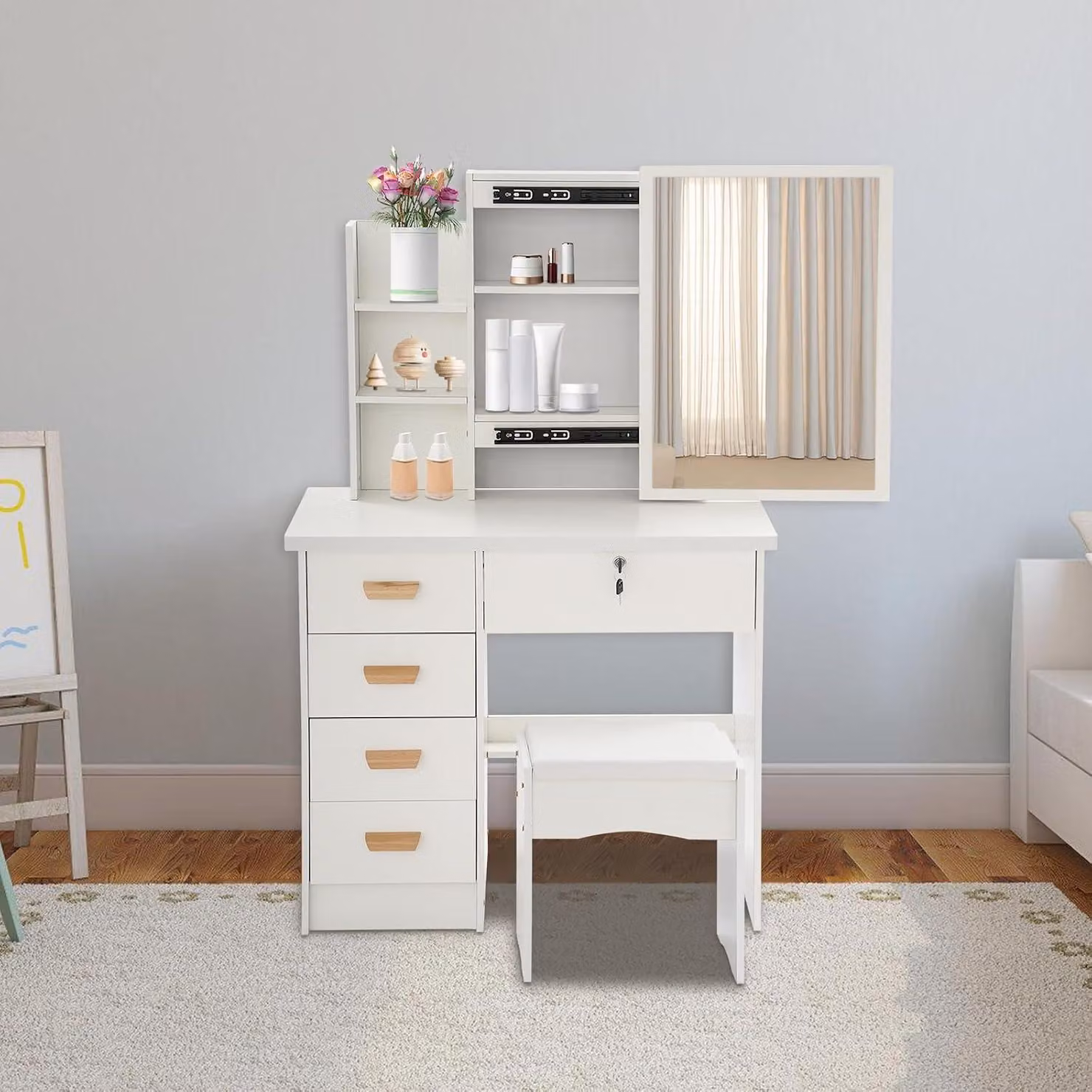 Comò da trucco con specchio, 5 cassetti, 4 ripiani, completo di sgabello, ideale per l'organizzazione di prodotti cosmetici