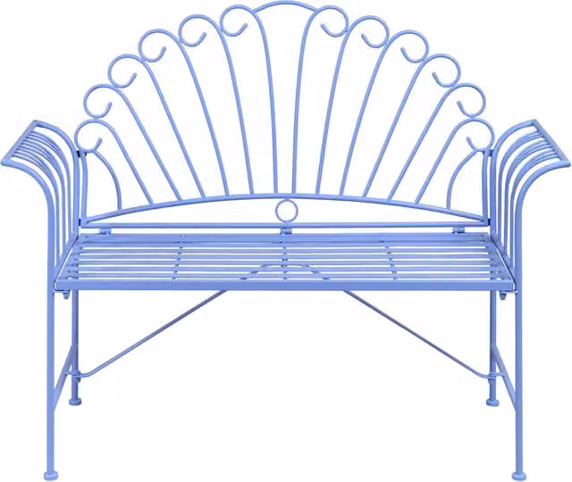 Panca da giardino vintage in metallo azzurro con braccioli svasati 2 posti esterno stile retrò