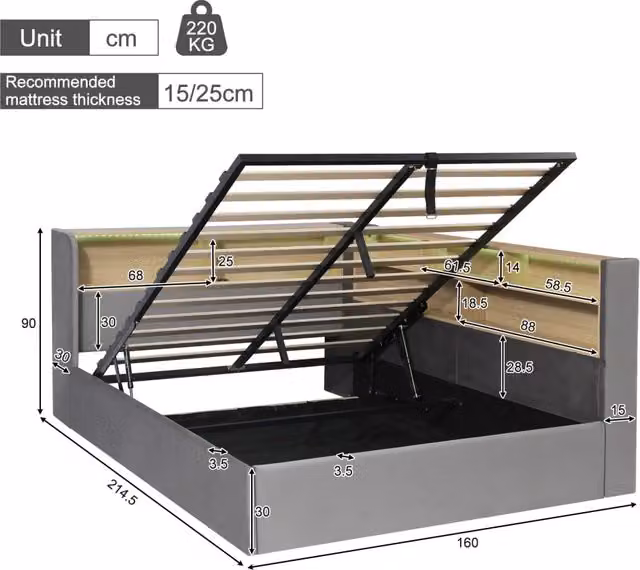 Letto per bambini imbottito 140 × 190 cm con vano contenitore idraulico in velluto grigio LED USB e Type-C