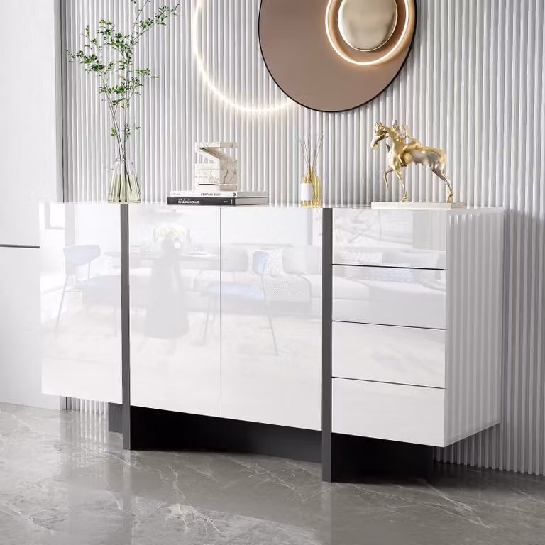 Credenza STILVORA con 4 cassetti, comò con 2 ante, mobile di servizio con finitura lucida, bianco + nero