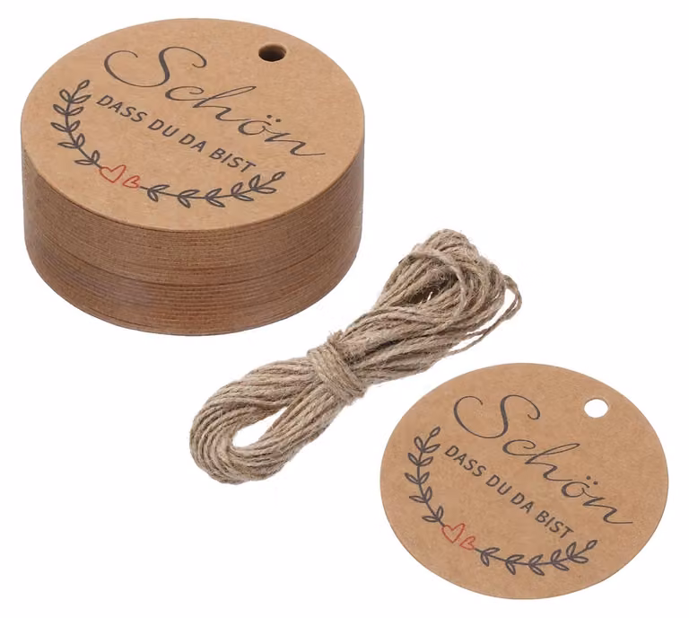 50 etichette regalo rotonde in carta kraft, diametro 5 cm, con cordino di iuta