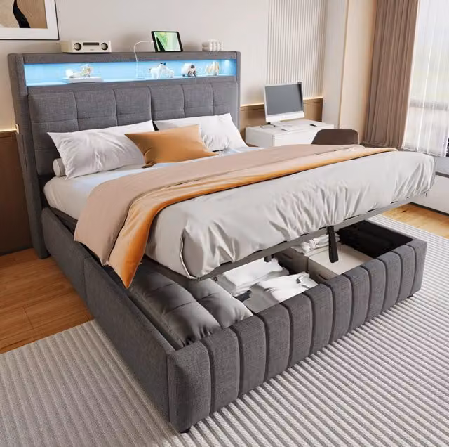 Letto imbottito 160x200 cm grigio con LED, USB, contenitore idraulico e rete a doghe
