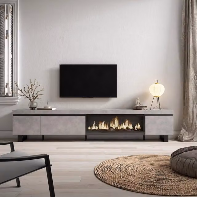 Mobile TV Soggiorno, 288x35x57cm, TV di grande formato, Camino elettrico XXL, Design industriale, grigio cemento RF3620