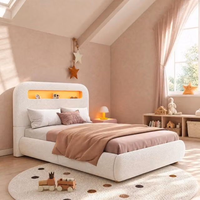 Letto singolo per bambini MODFU con contenitore idraulico e illuminazione LED in tessuto bouclé bianco L/P: 90 x 200 cm