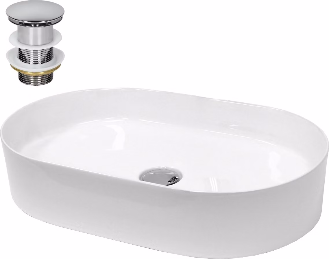 Lavabo LuxeBath Lavabo da appoggio ovale, 60,5x38x12,5 cm, bianco, in Vetroceramica, incl. set di scarico senza troppopieno