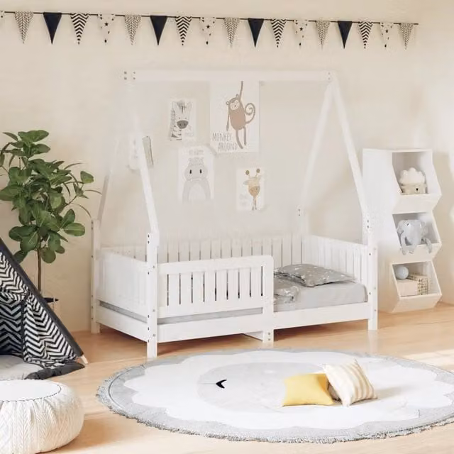 Letto a casetta per bambini vidaXL in legno massello di pino bianco, L 140 x P 70 x H 145,5 cm