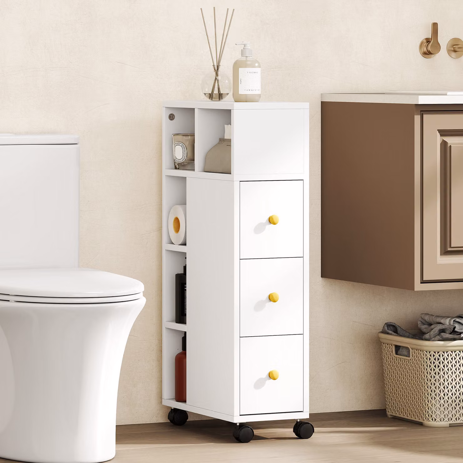 Mobile da bagno stretto HOMCOM con 3 cassetti e 5 scomparti aperti, Bianco, L/P/H: 20 x 40 x 80 cm – 2