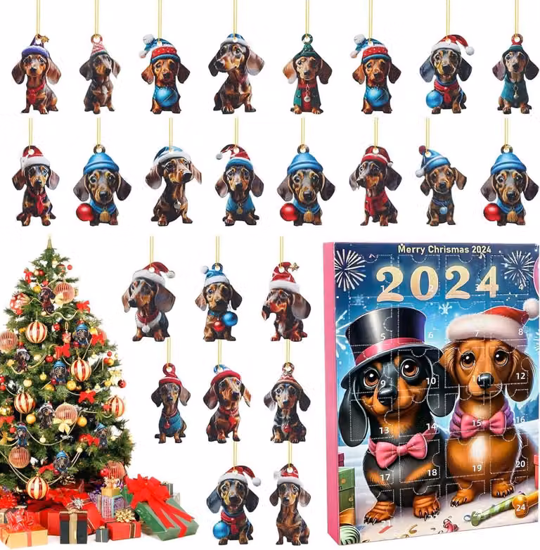 Calendario dell'avvento con ciondolo a forma di albero di Natale 2024 in stile cartone animato, conto alla rovescia natalizio di 24 giorni per il cucciolo amante del gatto, ciondolo da appendere in acrilico