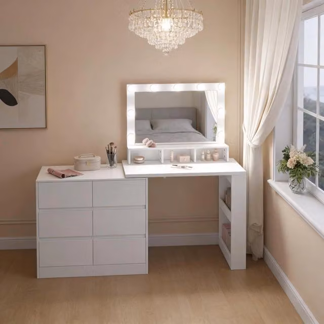 Tavolo multifunzione 2-in-1 a forma L; 6 cassetti grandi; specchio LED regolabile; utilizzabile come scrivania; solo tavolo