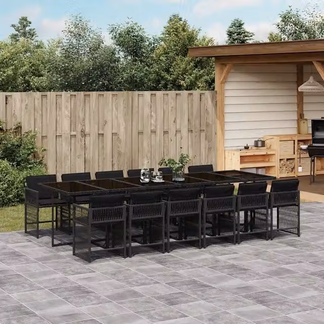 Set da pranzo da giardino vidaXL in polyrattan nero con cuscini e tavolo in vetro, 13 pezzi – 1