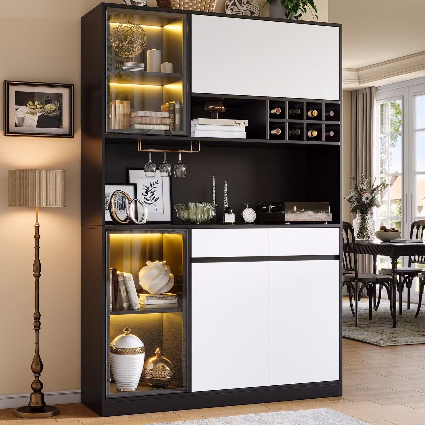 Mobiletto multiuso alto con illuminazione a LED, dotato di ante e cassetti, ideale come armadietto per cucina, sala da pranzo e ufficio, oppure come mobiletto contenitore. Colore: nero e bianco