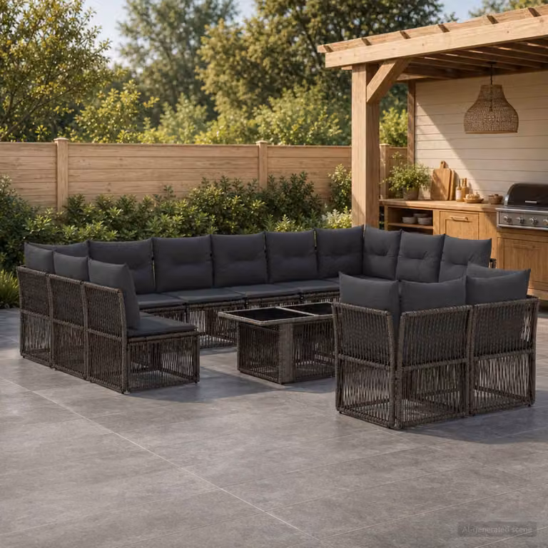 Set Divano da Giardino vidaXL 13 pz Grigio con Poltrona, Elementi Angolari e Tavolino da Esterno in Polyrattan e Acciaio con Cuscini Inclusi