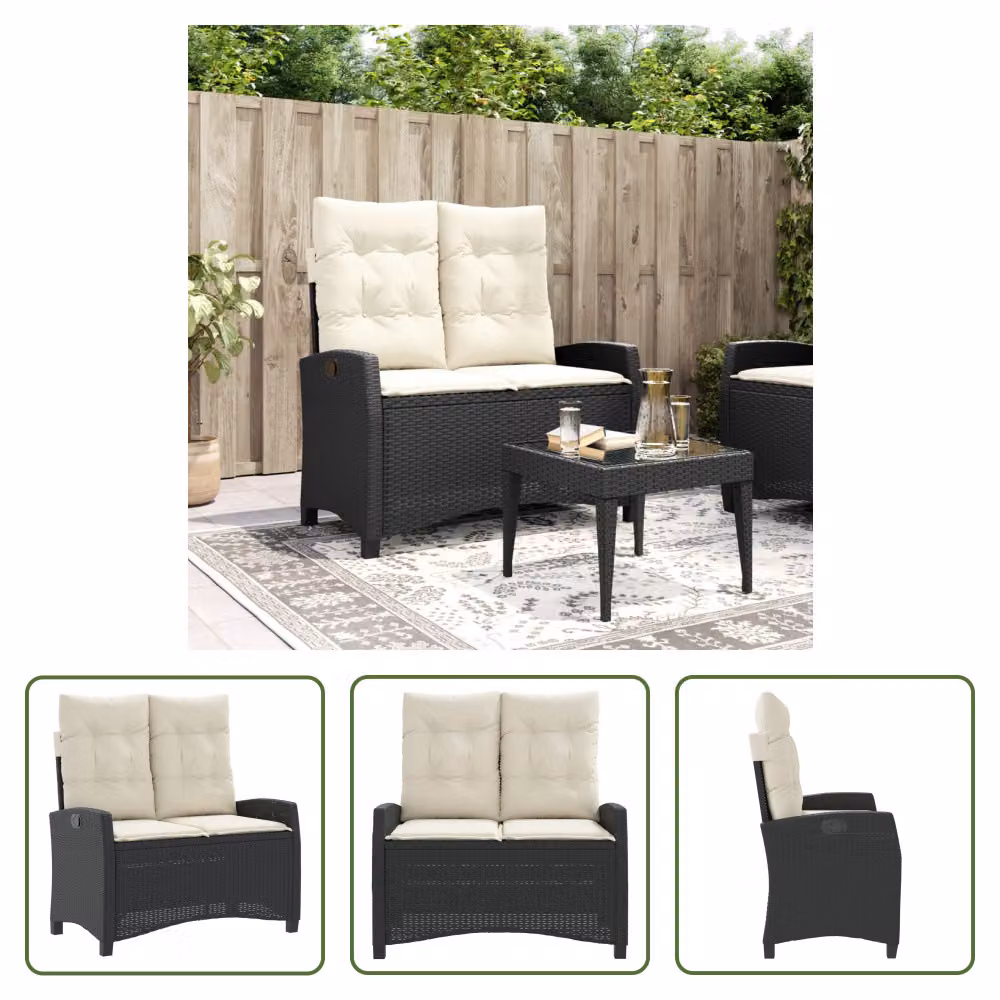 The Living Store Panca da giardino regolabile con cuscini in poly rattan nero