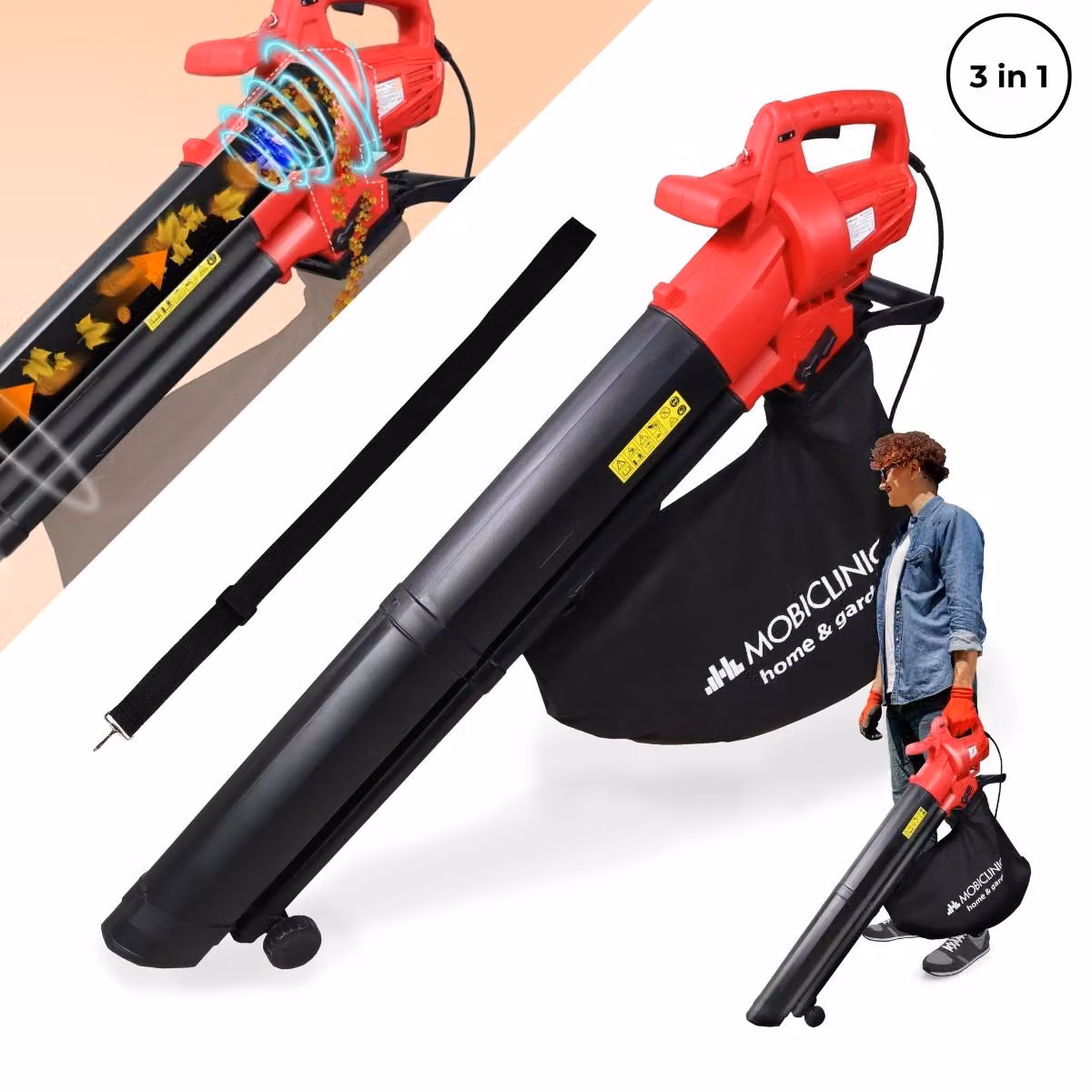 Mobiclinic, Soffiatore + aspirafoglie + trituratore, 900W, 6 velocità, Mobiclean, 3 in 1, Leggero, 35L, Per il giardino, 220V, Tracolla
