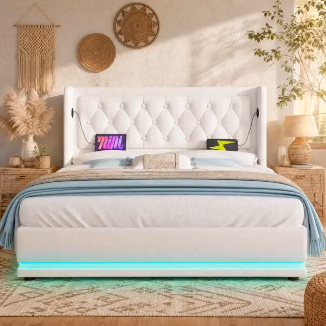 Letto 160x200 cm con contenitore idraulico, LED e ricarica USB/USB-C in PU bianco