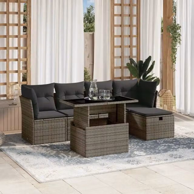 Set Divano da Giardino a L vidaXL in Polyrattan Grigio con Cuscini e Tavolino da 6 Pezzi