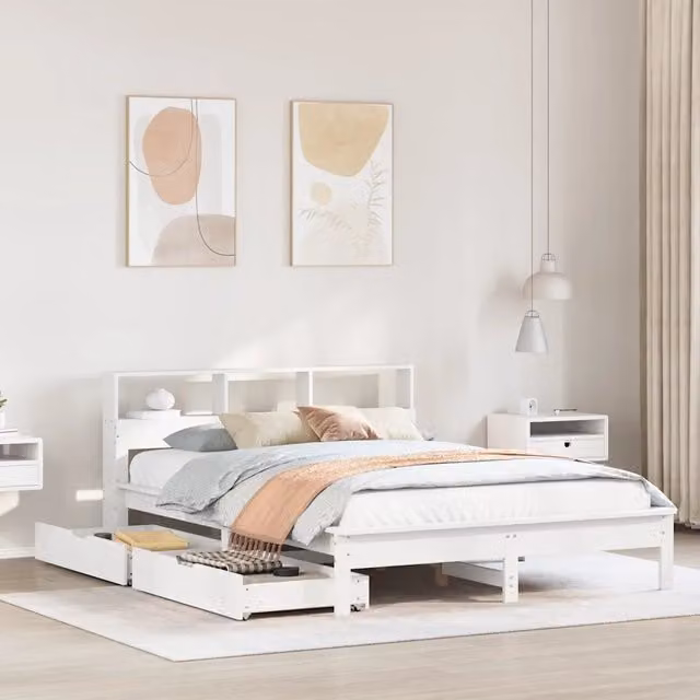 Letto Libreria vidaXL in Legno di Pino Bianco con Scaffali e Cassetti L/P/H: 190 x 147 x 210,5 cm